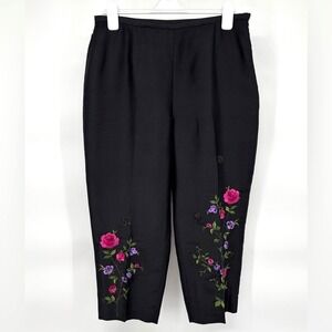 Vintage Black Silk Cropped Pants Pink Floral Embroidery 80s 90s Sz 14 Petite